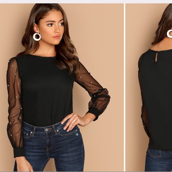 SHEIN Tops - Black shirt sheer sleeves with pearls
